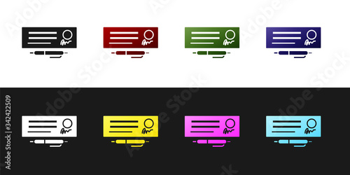 Set Blank template of the bank check and pen icon isolated on black and white background. Checkbook cheque page with empty fields to fill. Vector Illustration