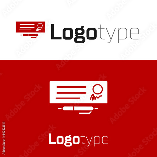 Red Blank template of the bank check and pen icon isolated on white background. Checkbook cheque page with empty fields to fill. Logo design template element. Vector Illustration
