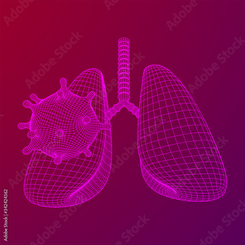 Corona Virus and Lungs with trachea bronchi internal organ human. Covid virus pulmonology medicine science concept. Wireframe low poly mesh vector illustration.