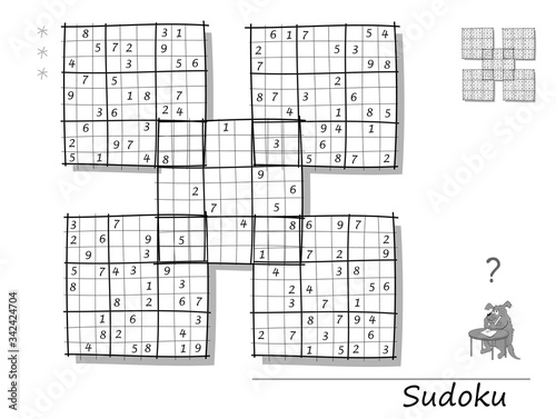 Logic Sudoku game for children and adults. Big size puzzle with 5 squares, difficult level. Printable page for kids brain teaser book. Developing counting skills. IQ test. Black and white vector.