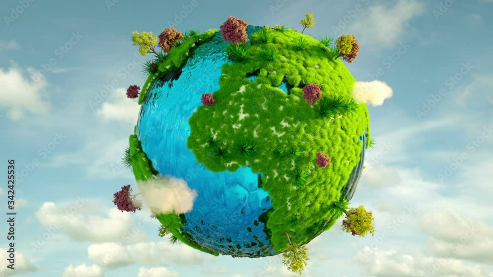Photorealistic motion background: generic conceptual healing and recovering composition. Green grass growing over the Earth. Nature recovering, being healed, continents coming to live with green herbs