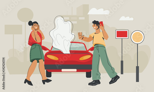 Car service and roadside assistance concept with woman in panic after road accident and man calling online support. Field car repair service. Flat vector illustration.