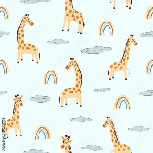 Giraffe and rainbows in clouds seamless pattern. Cute pattern for kids on blue background. Creative for wrapping paper, fabric, textile, wallpaper, home decor