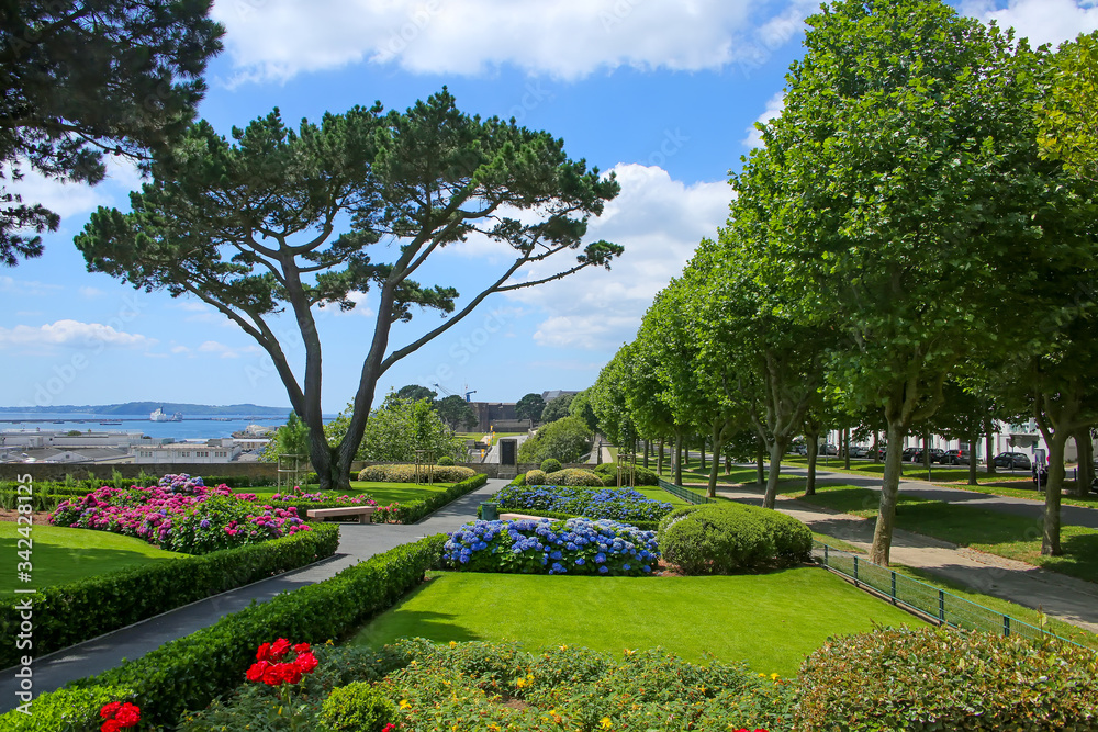 Cours Dajot public garden with an beautiful view of the harbour, Brest, Brittany, France.