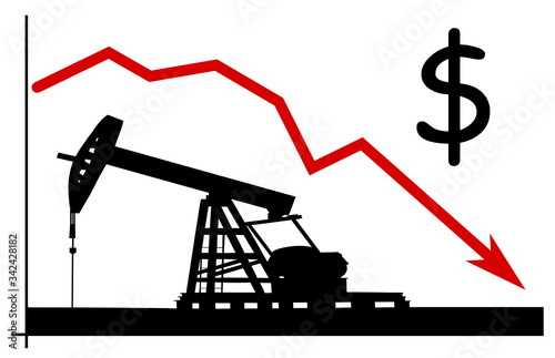 Vector illustration of the chart showing falling dollar oil prices with oilwell mining machinery in the background