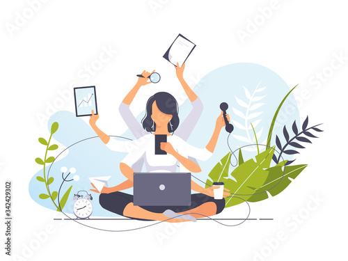 Vector business illustration concept of businesswoman practicing meditation. Girl with many arms sits in the Yoga lotus position and doing many tasks at the same time. Multitasking. Time management. photo