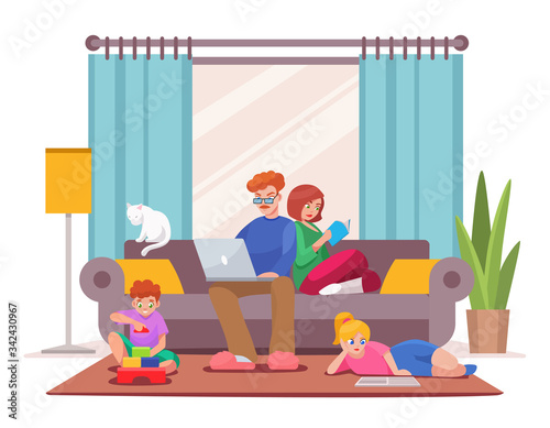 Vector character illustration of family stay at home