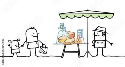 Cartoon producer selling organic dairy products on a market store