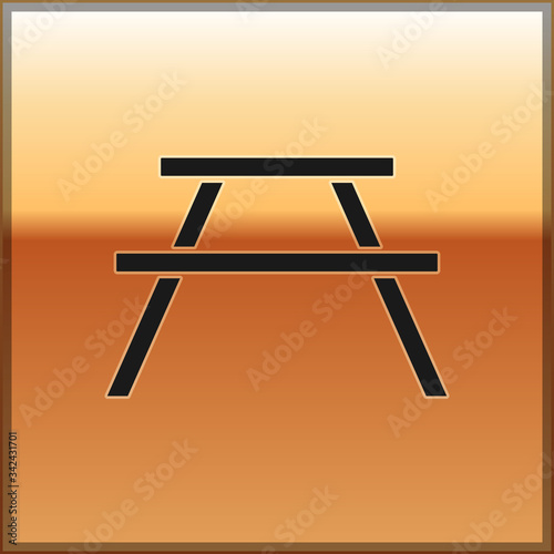 Black Picnic table with benches on either side of the table icon isolated on gold background.  Vector Illustration