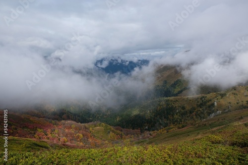 Beautiful mountain autumn view with low clouds on the route from the Mt. Megruki peak to Atskuri. Borjomi-Kharagauli National Park  Georgia. 