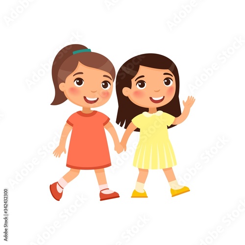 Two little girls go holding hand, cartoon characters. Smiling kids isolated on white background. Friendship concept. Vector illustration.