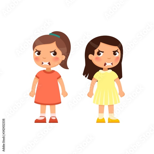 Angry little girls flat vector illustration. Furious children quarrel, aggressive kids arguing cartoon characters. Kids with mad face expression isolated on white background