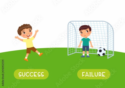 Antonyms concept, SUCCES and FAILURE. Boys playing soccer. Educational flash card with little child template. Word card for english language learning with opposites. Happy and sad boy 
