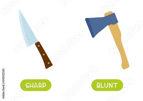 Antonyms concept, SHARP and BLUNT. Educational flash card with knife and ax template. Word card for english language learning with opposites. Flat vector illustration with typography