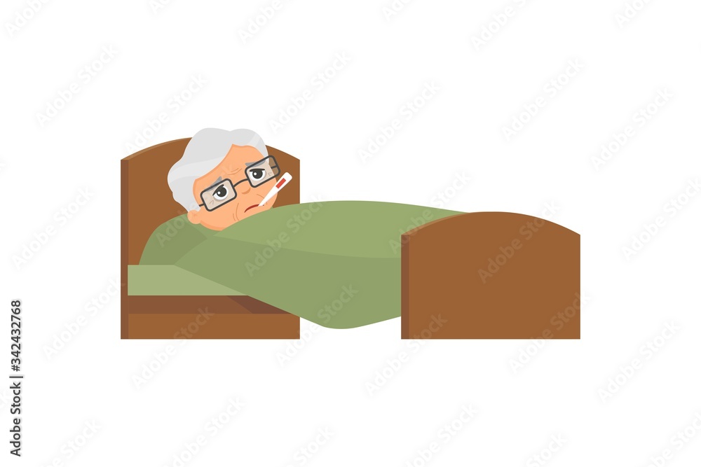 Sick old man with thermometer in bed flat vector illustration. Grandfather with high temperature cartoon character. Fever, influenza symptom, cold. Patient relaxing under blanket isolated Sick old man with thermometer in bed flat vector illustration. Grandfather with high temperature cartoon character. Fever, influenza symptom, cold. Patient relaxing under blanket isolated