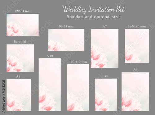 Wedding Invitation set, pink tulips, vertical. Greeting, invite card, elegant clear design template, light blue blur background.