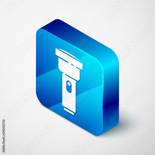 Isometric Flashlight icon isolated on grey background. Blue square button. Vector Illustration