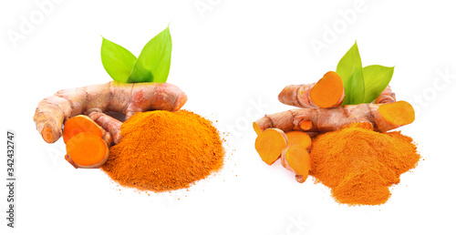 Fresh turmeric and turmeric powder isolated on a white background