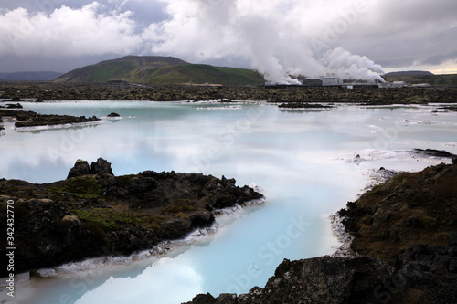 Grindavik / Iceland - August 15, 2017: The geothermal hot water and landscape around blue lagoon, Reykjavik, Iceland, Europe