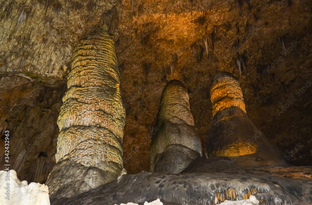 Calcite inlets, stalactites and stalagmites in large underground halls in Carlsbad Caverns National Park, New Mexico. USA Calcite inlets, stalactites and stalagmites in large underground halls in Carlsbad Caverns National Park, New Mexico. USA