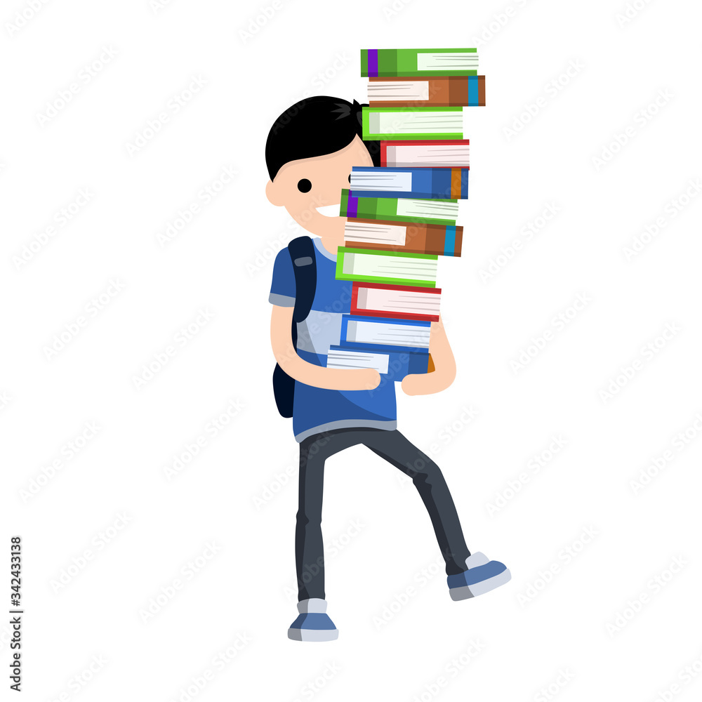 Student carries large pile of books. Heavy load in hands of man with backpack. Study problems and exam. Funny comedian situation. Tower of volumes of paper. Balancing textbooks. education and lesson