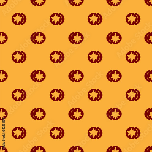 Red Herbal ecstasy tablets icon isolated seamless pattern on brown background.  Vector Illustration