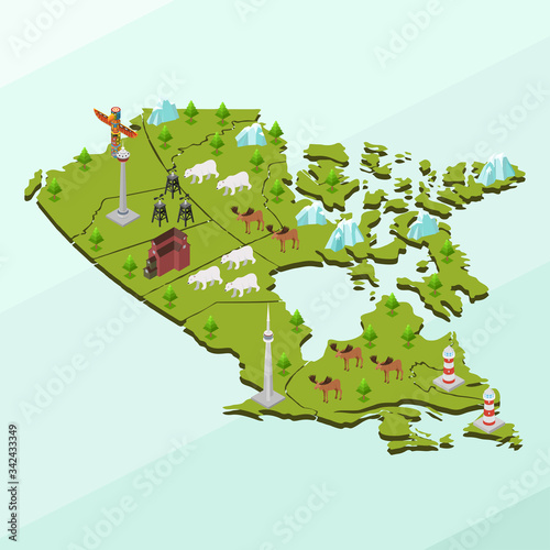 Isometric Vector Illustration Representing Map and Landmarks of Canada