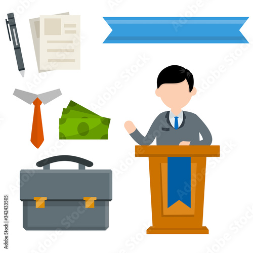 Debate. Political election. Set of business icons. Man on rostrum and podium . Speaker and President. Case, tie, green money, paper file document and pen. Blue party candidate. Flat cartoon