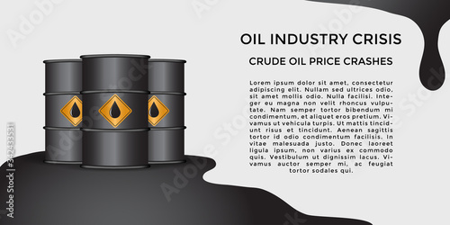 Oil industry economic crisis landing page concept. Oil barrels with oil spill on the floor with text on the right side. Vector Illustration. 