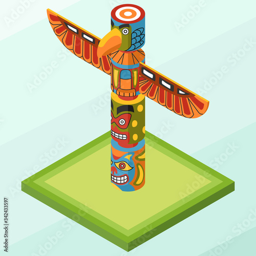 Isometric Vector Illustration Representing Totem Pole, Landmark of Vancouver, Canada