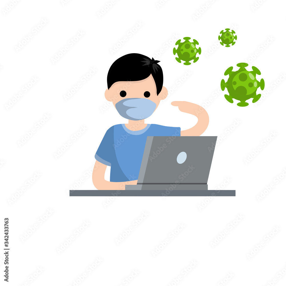 Man in medical mask at computer. Protection from coronavirus and quarantine. Work at home. Green Virus and bacteria. Hand gesture pointing to face. Freelance and education. Flat cartoon Man in medical mask at computer. Protection from coronavirus and quarantine. Work at home. Green Virus and bacteria. Hand gesture pointing to face. Freelance and education. Flat cartoon