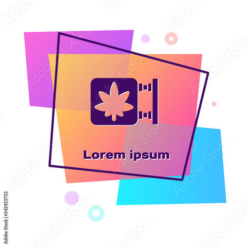 Purple Marijuana and cannabis store icon isolated on white background. Equipment and accessories for smoking, storing medical cannabis. Color rectangle button. Vector Illustration