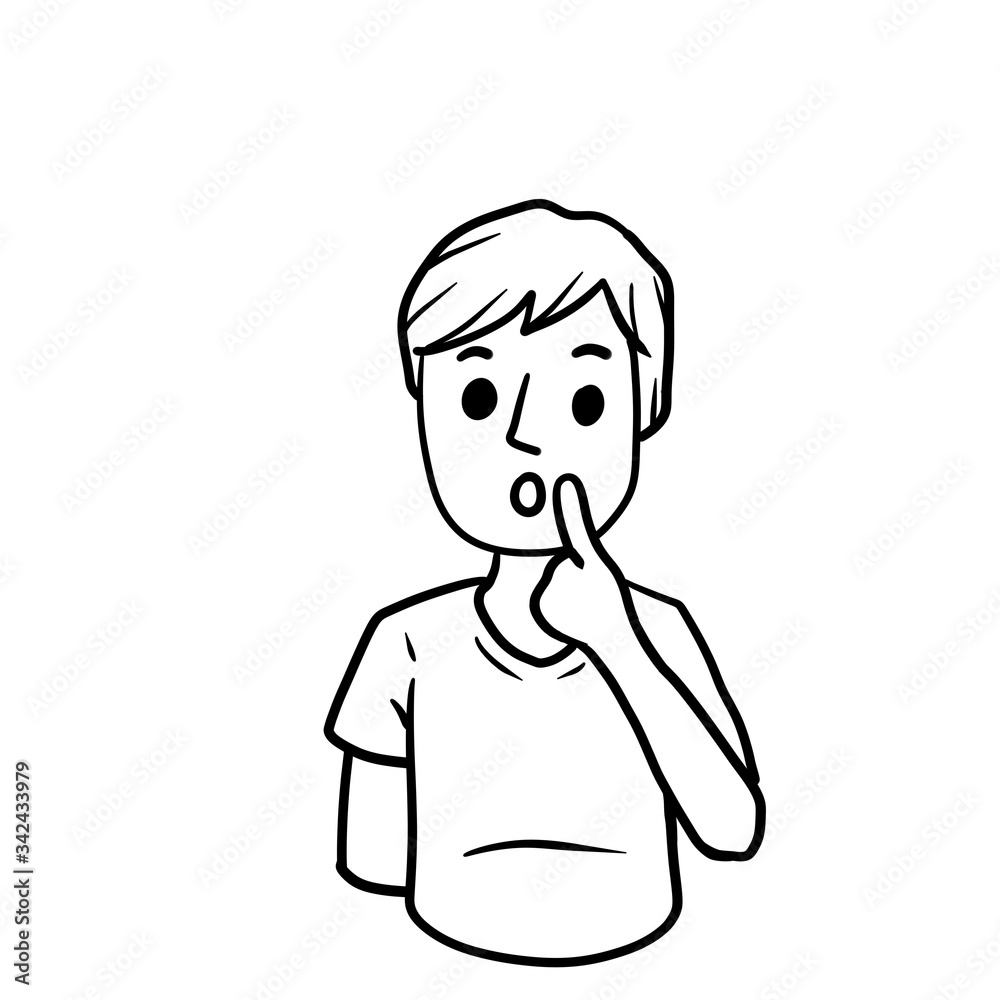 Confused man. Emotions of hesitation, suspicion and mistrust. Hand-drawn embarrassed young character. Boy in shirt. Doubts and gesture finger at hands Confused man. Emotions of hesitation, suspicion and mistrust. Hand-drawn embarrassed young character. Boy in shirt. Doubts and gesture finger at hands
