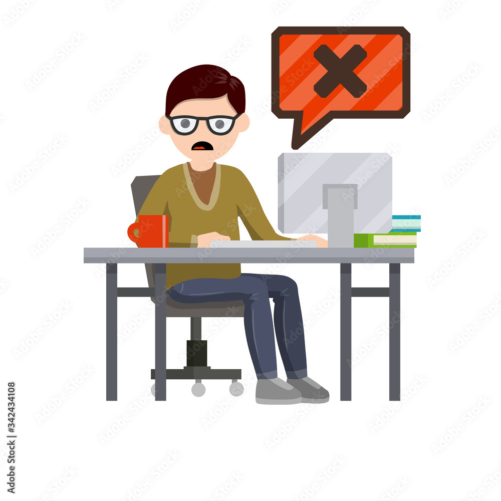 Error message in computer. Shocked man is sitting at table with monitor. Hacking data system. Cartoon flat illustration. Office work and freelance. Virus and bug. Problem with program Error message in computer. Shocked man is sitting at table with monitor. Hacking data system. Cartoon flat illustration. Office work and freelance. Virus and bug. Problem with program