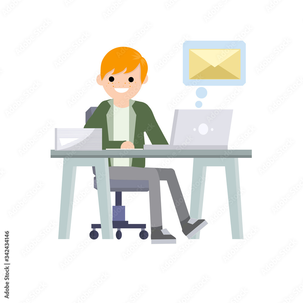 Young man sit at table with computer and receives letter. e-mail in messenger. Cartoon flat illustration. Work in office. postal envelope in bubble, chat with friends on Internet Young man sit at table with computer and receives letter. e-mail in messenger. Cartoon flat illustration. Work in office. postal envelope in bubble, chat with friends on Internet