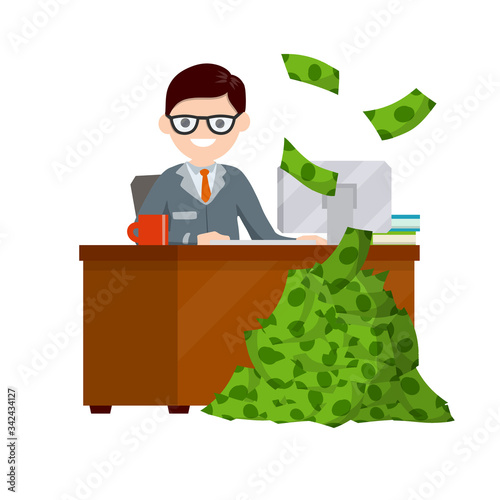Businessman and lot of money. Office employee, salary and bonus. Cartoon flat illustration. Rich and successful man sits at table. Green pile of banknotes