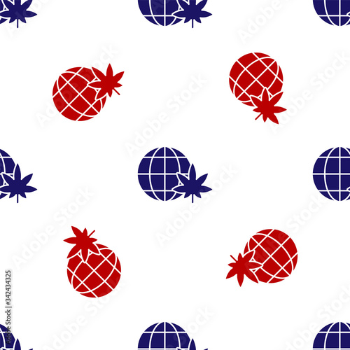 Blue and red Legalize marijuana or cannabis globe symbol icon isolated seamless pattern on white background. Hemp symbol.  Vector Illustration