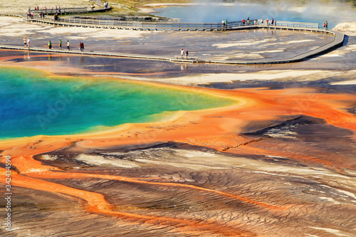 Close-up aerial view of Grand Prismatic Spring in Midway Geyser Basin, Yellowstone National Park, Wyoming, USA