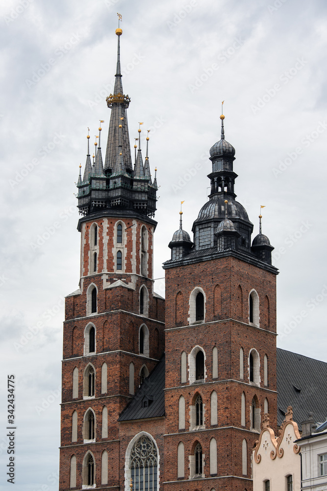 Towers St Mary's Church at Market Square in Cracow, Poland Towers St Mary's Church at Market Square in Cracow, Poland