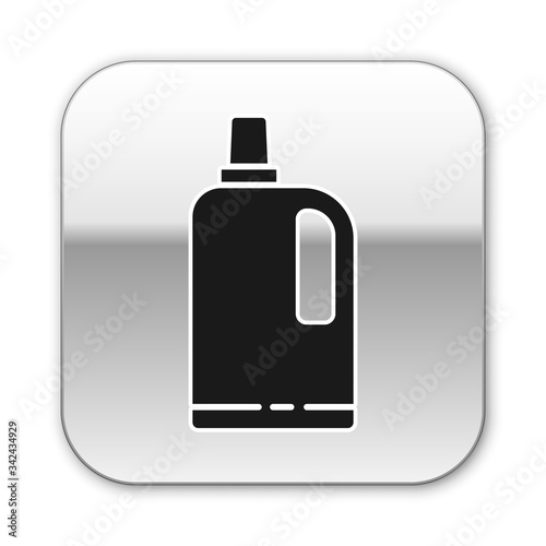 Black Fabric softener icon isolated on white background. Liquid laundry detergent, conditioner, cleaning agent, bleach. Silver square button. Vector Illustration