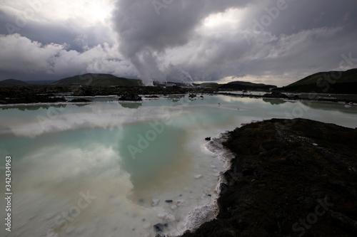 Grindavik / Iceland - August 15, 2017: The geothermal hot water and landscape around blue lagoon, Reykjavik, Iceland, Europe