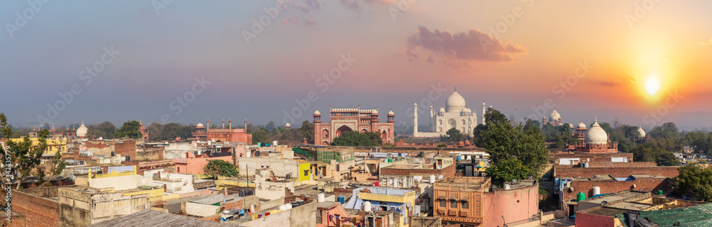 Agra city and Taj Mahal sunset panorama, India
