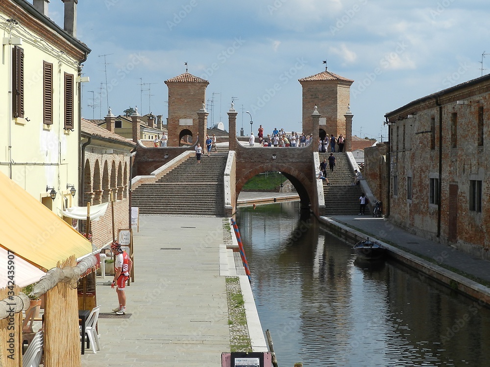 Comacchio, Italy, Townscape with Triple Bridge