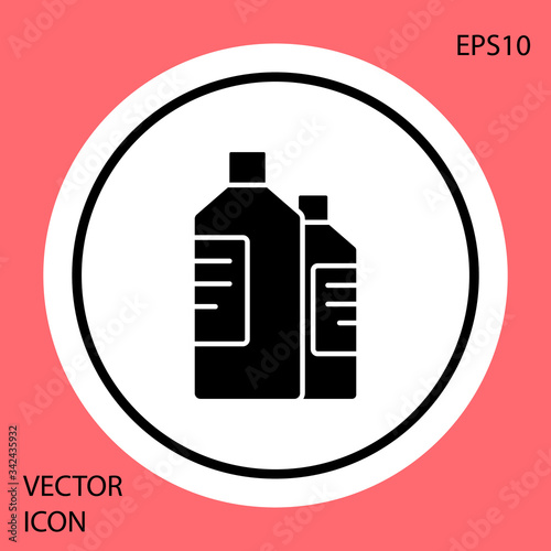 Black Plastic bottles for laundry detergent, bleach, dishwashing liquid or another cleaning agent icon isolated on red background. White circle button. Vector Illustration