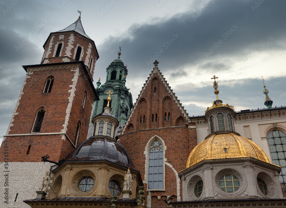 View at Wavel royal castle and cathedral church in Krakow, Poland