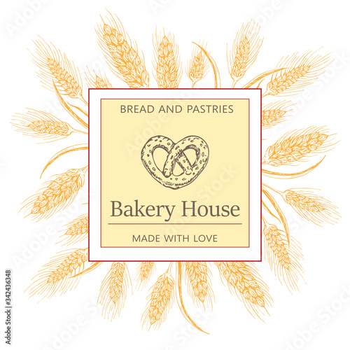 Bakery, pastry shop label, logo, flyer template with wheat ears wreath, pretzel and lettering. bakeshop background. vector hand drawn sketch illustration. banner for bakehouse, bread packaging design.