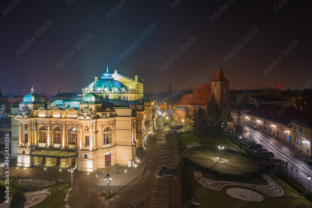 View of the center of Krakow from a height, night cityscape