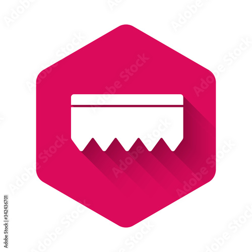 White Sponge with bubbles icon isolated with long shadow. Wisp of bast for washing dishes. Cleaning service logo. Pink hexagon button. Vector Illustration