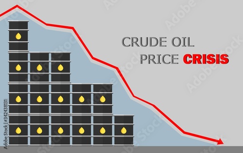 Flat vector illustration of crude oil price crisis graphic design with stack of oil barrel.