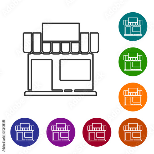 Black line Shopping building or market store icon isolated on white background. Shop construction. Set icons in color circle buttons. Vector Illustration
